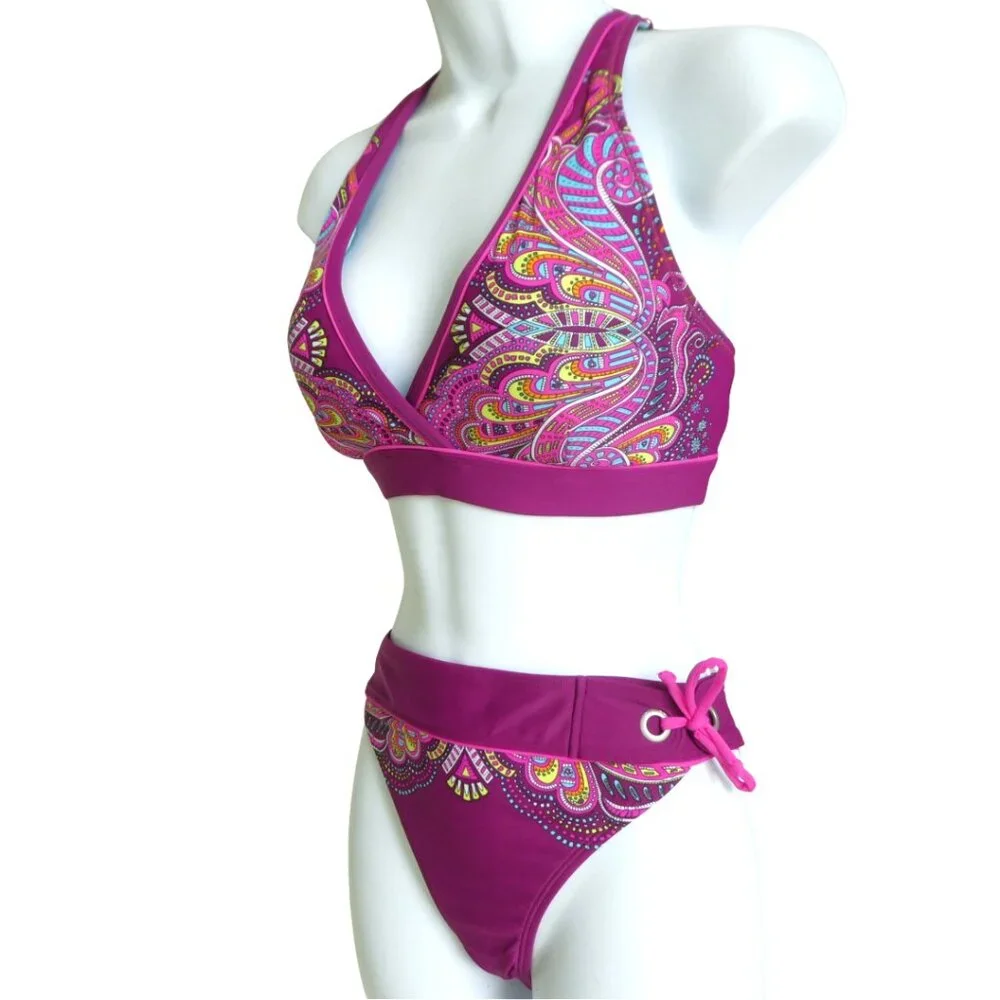 Athleta Swim Bikini Top Bottoms Berry Paisley Padded Racer Back Coverage M